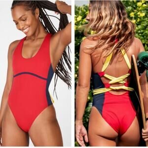 Fabletics Gabriella II One Piece Swimsuit Red W/ Yellow Lace Up Back Size L NEW